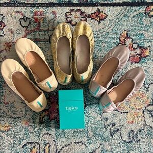 3 pair bundle of Tieks: Rosé, biscotti patent and RARE Desert Croc
